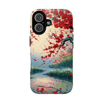Japanese cherry blossom iPhone 16 MagSafe phone case with crimson Sakura flowers over scenic lake landscape