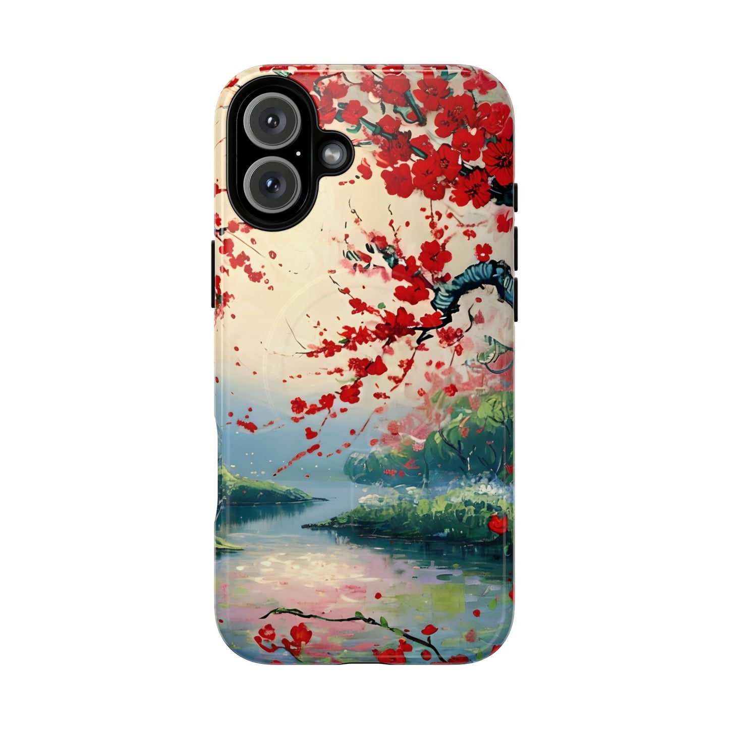 Japanese cherry blossom iPhone 16 Plus MagSafe phone case with crimson Sakura flowers over scenic lake landscape