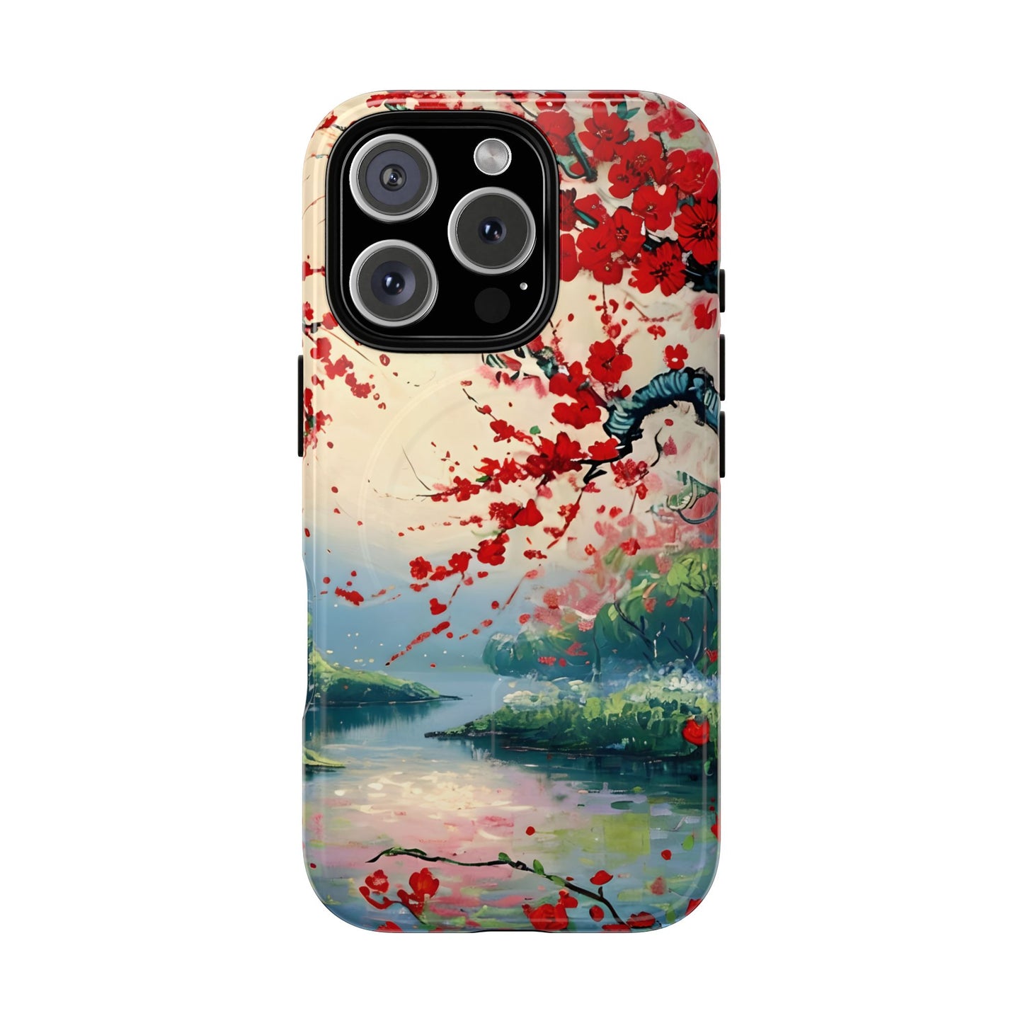 Japanese cherry blossom iPhone 16 Pro MagSafe phone case with crimson Sakura flowers over scenic lake landscape