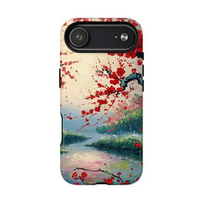 Japanese cherry blossom iPhone 17 Air MagSafe phone case with crimson Sakura flowers over scenic lake landscape