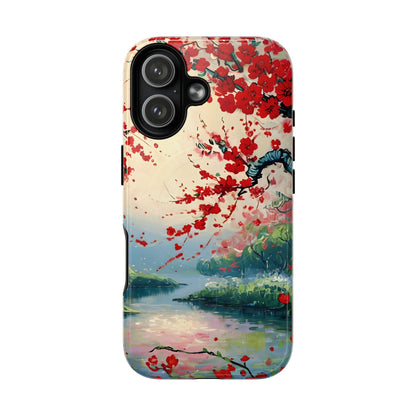 Japanese cherry blossom iPhone 17 MagSafe phone case with crimson Sakura flowers over scenic lake landscape