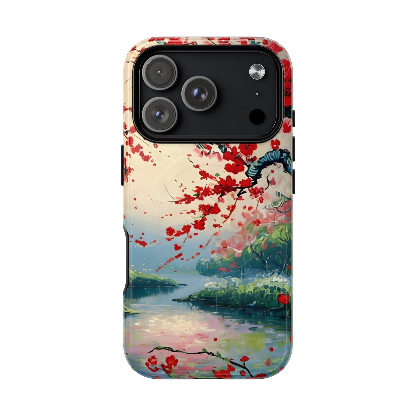 Japanese cherry blossom iPhone 17 Pro MagSafe phone case with crimson Sakura flowers over scenic lake landscape