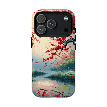 Japanese cherry blossom iPhone 17 Pro MagSafe phone case with crimson Sakura flowers over scenic lake landscape