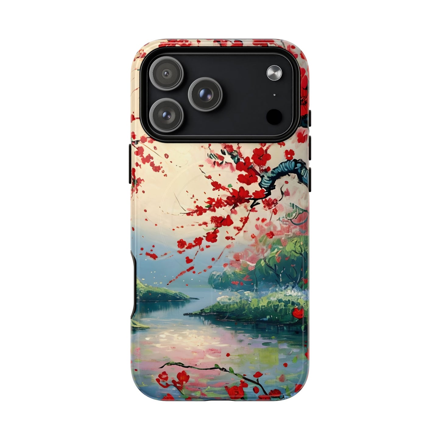 Japanese cherry blossom iPhone 17 Pro Max MagSafe phone case with crimson Sakura flowers over scenic lake landscape