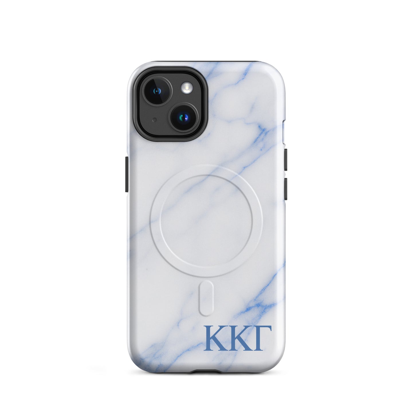 Kappa Kappa Gamma marble iPhone 14 case with white and blue stone pattern and ΚΚΓ Greek letters, slim protective aesthetic phone cover