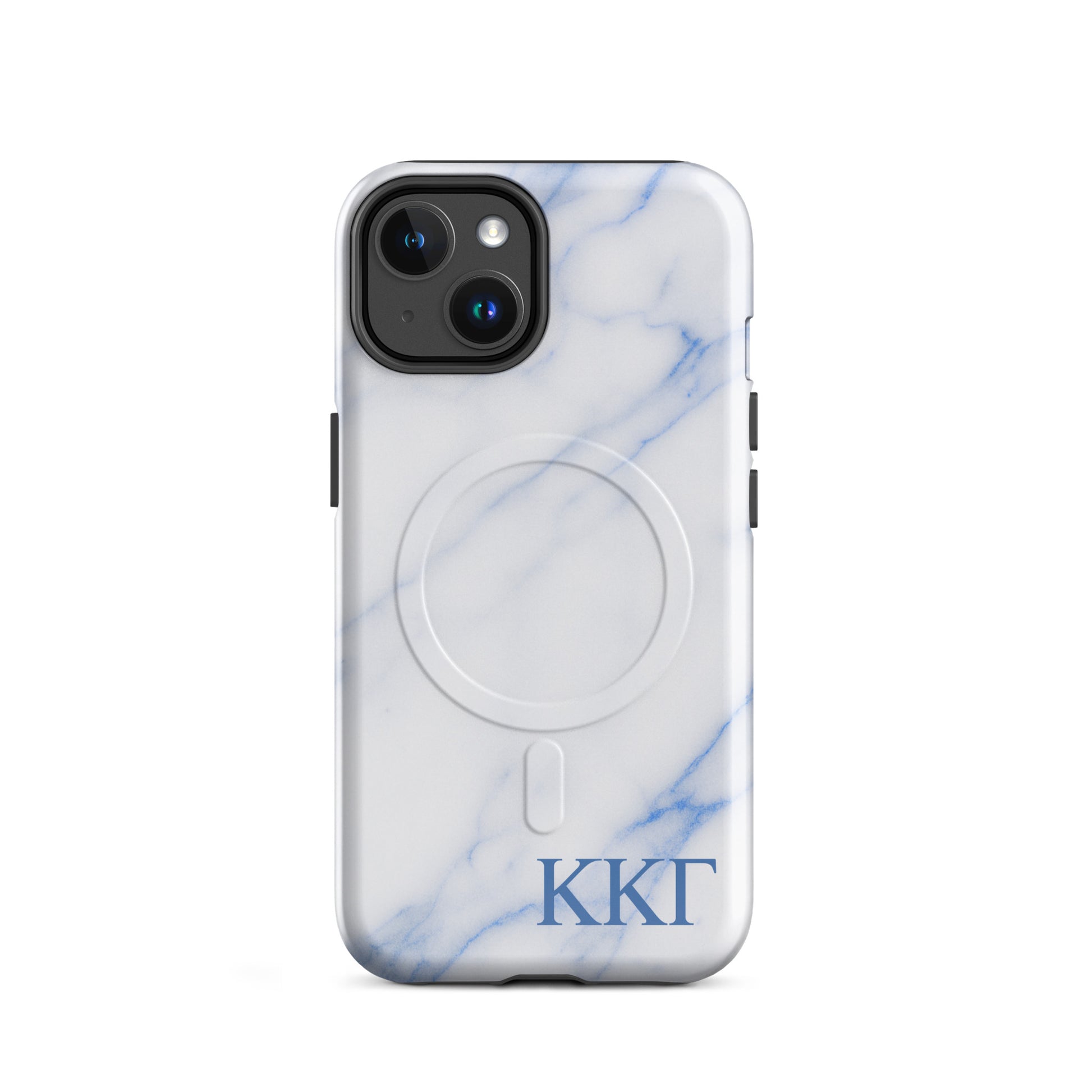 Kappa Kappa Gamma marble iPhone 14 case with white and blue stone pattern and ΚΚΓ Greek letters, slim protective aesthetic phone cover