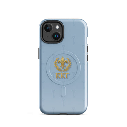 Kappa Kappa Gamma iPhone 14 case with gold fleur de lis crest and subtle key pattern on blue background, ΚΚΓ Greek letters, slim protective cover