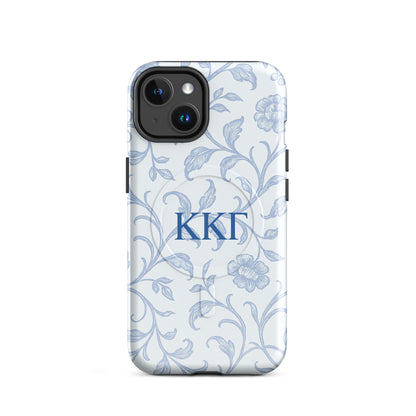 Kappa Kappa Gamma floral toile iPhone 14 case with blue botanical pattern and ΚΚΓ Greek letters, slim protective aesthetic phone cover