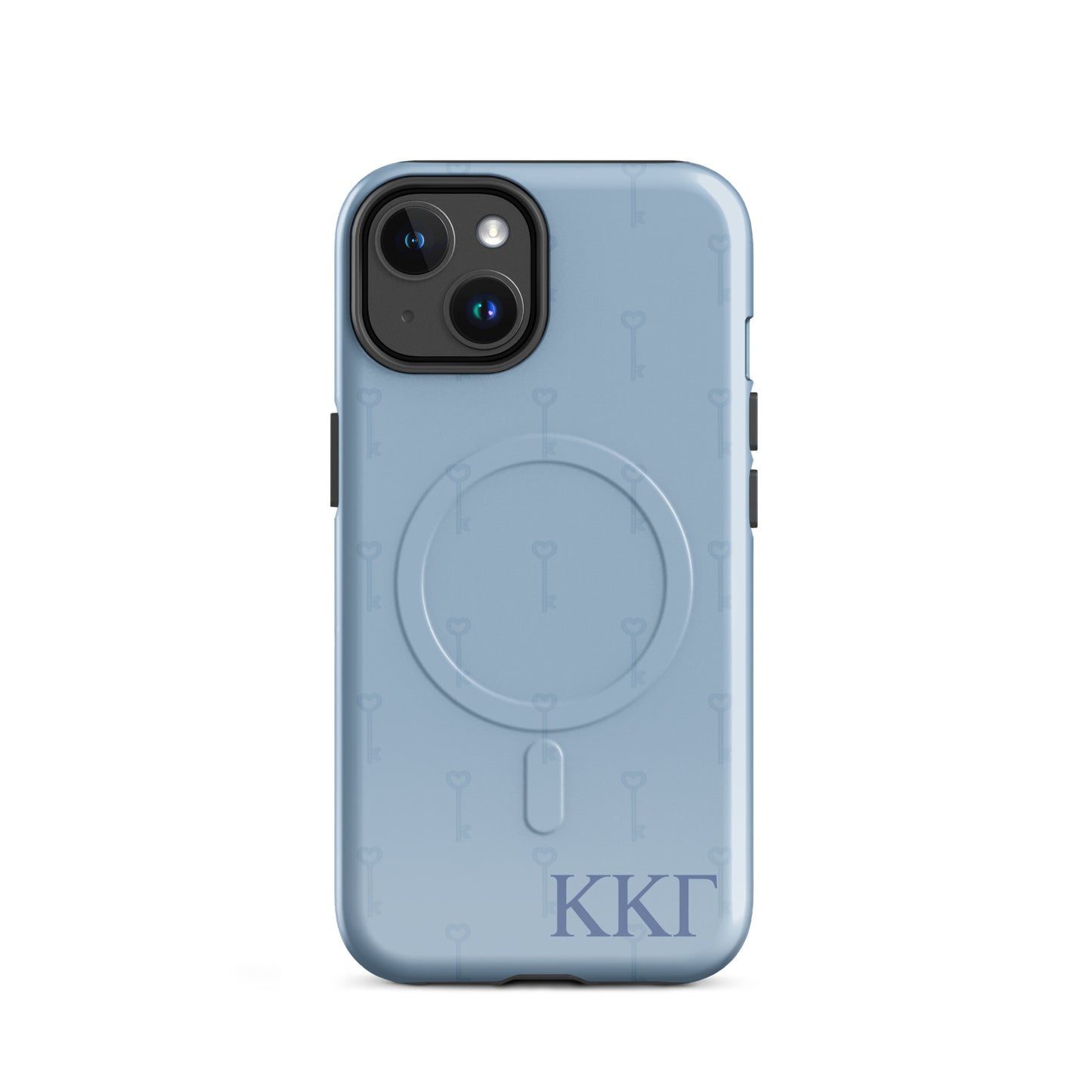 Kappa Kappa Gamma iPhone 14 case with subtle key pattern in soft blue and ΚΚΓ Greek letters, slim protective aesthetic phone cover