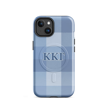 Kappa Kappa Gamma plaid iPhone 14 case with blue check pattern and ΚΚΓ Greek letters, slim protective aesthetic phone cover