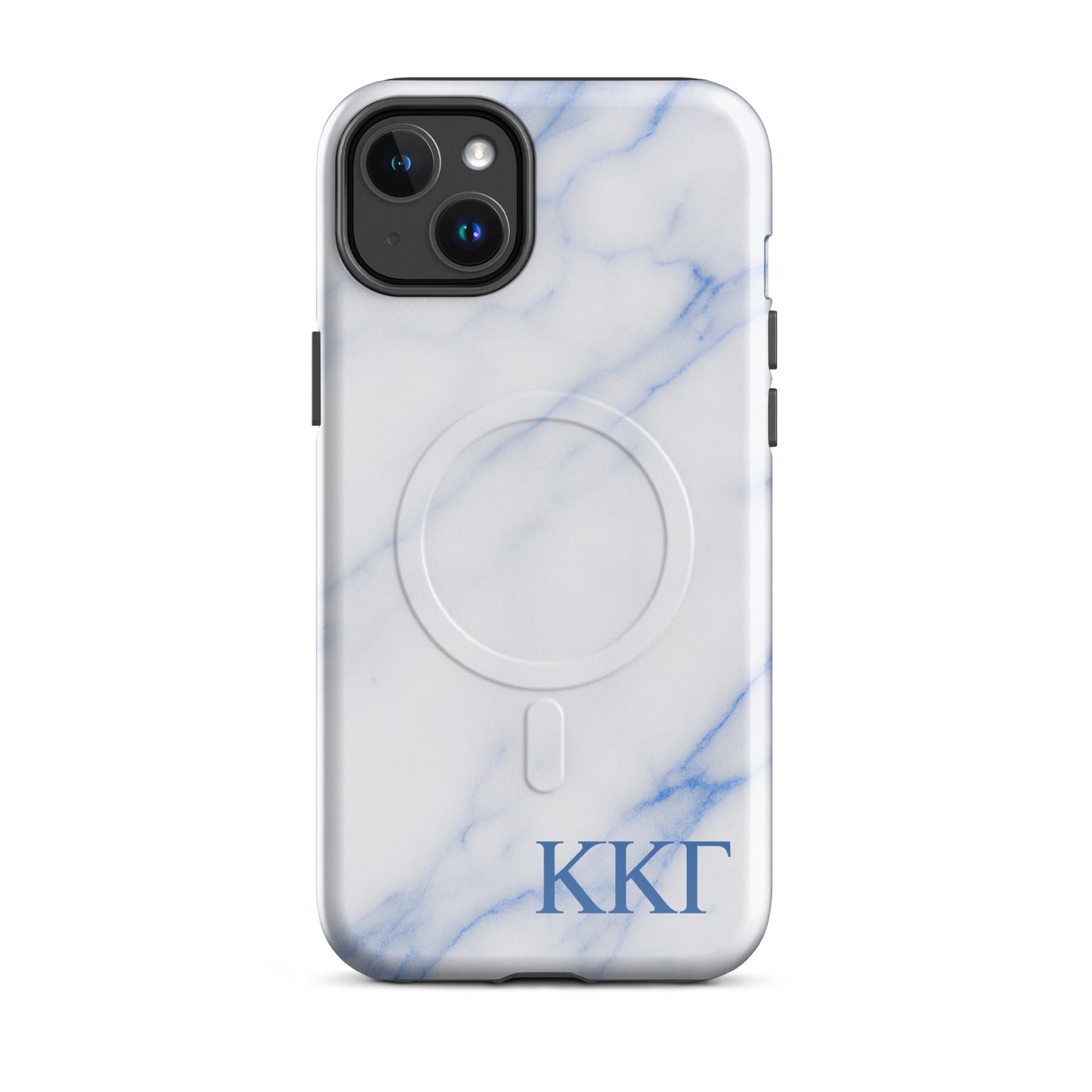 Kappa Kappa Gamma white marble iPhone 14 Plus case – minimalist blue vein design with Greek letters, durable slim protective phone case