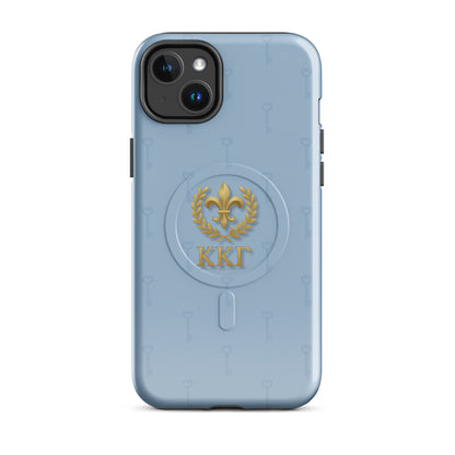 Kappa Kappa Gamma blue iPhone 14 Plus case – gold fleur de lis design with key motif and Greek letters, durable slim protective sorority case