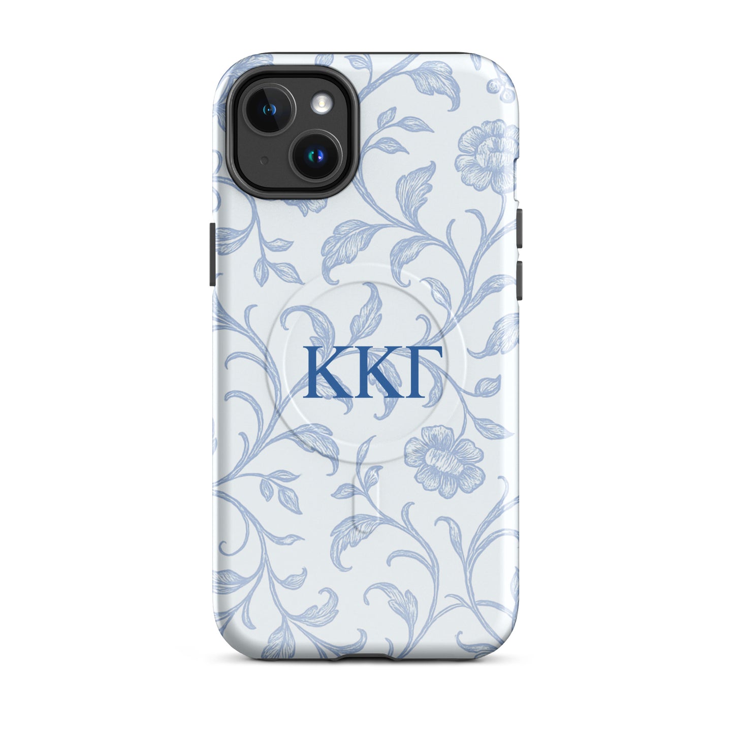 Kappa Kappa Gamma blue floral iPhone 14 Plus case – elegant toile pattern with Greek letters, durable slim protective sorority phone case