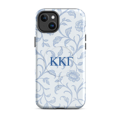 Kappa Kappa Gamma blue floral iPhone 14 Plus case – elegant toile pattern with Greek letters, durable slim protective sorority phone case