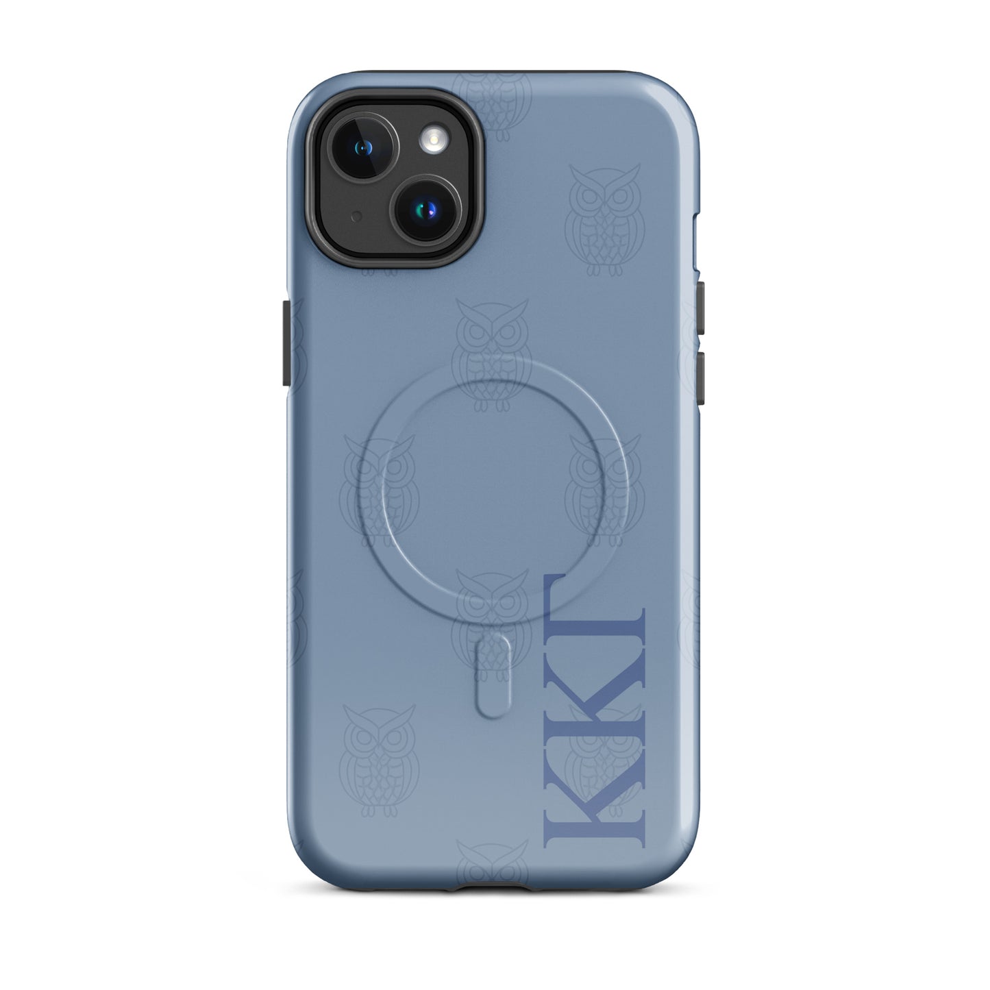 Kappa Kappa Gamma owl iPhone case 14 with subtle repeating owl pattern and ΚΚΓ Greek letters on blue background, slim protective cover