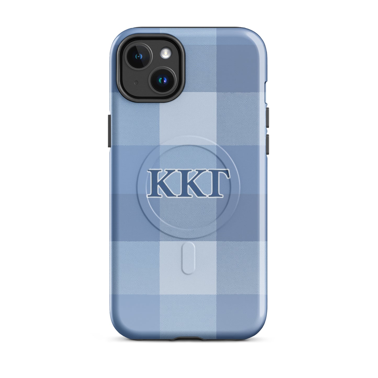 Kappa Kappa Gamma blue plaid iPhone 14 Plus case – preppy check design with Greek letters, durable slim protective sorority phone case