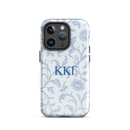 Kappa Kappa Gamma ΚΚΓ iPhone 14 Pro case with soft blue floral line art design, lightweight dual-layer protection, feminine aesthetic cover