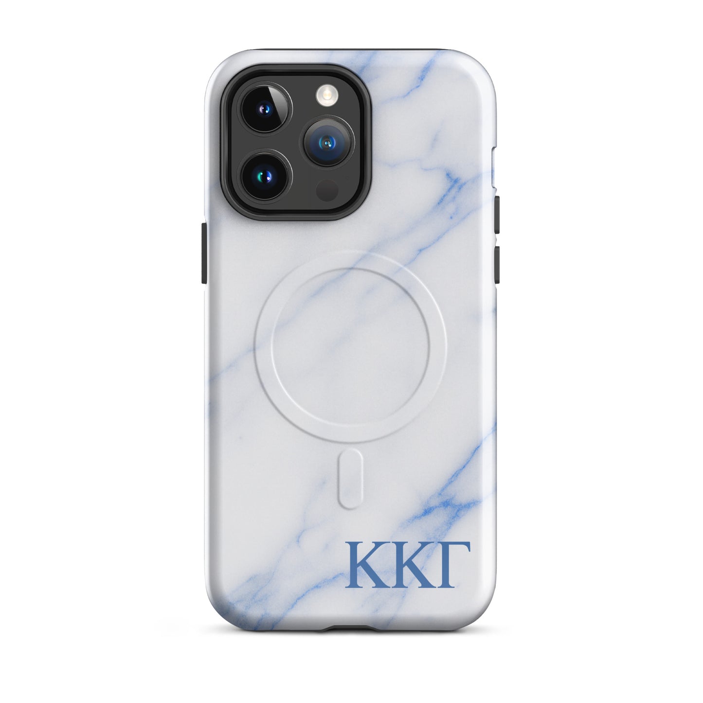 Kappa Kappa Gamma ΚΚΓ iPhone 14 Pro Max case with white marble texture and blue veining, lightweight dual-layer protection, modern minimalist cover