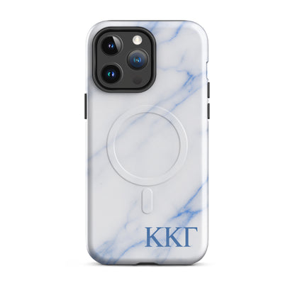 Kappa Kappa Gamma ΚΚΓ iPhone 14 Pro Max case with white marble texture and blue veining, lightweight dual-layer protection, modern minimalist cover