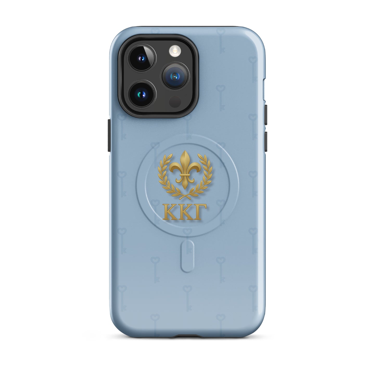 Kappa Kappa Gamma ΚΚΓ iPhone 14 Pro Max case with gold fleur de lis emblem and repeating key pattern, lightweight dual-layer protective phone cover