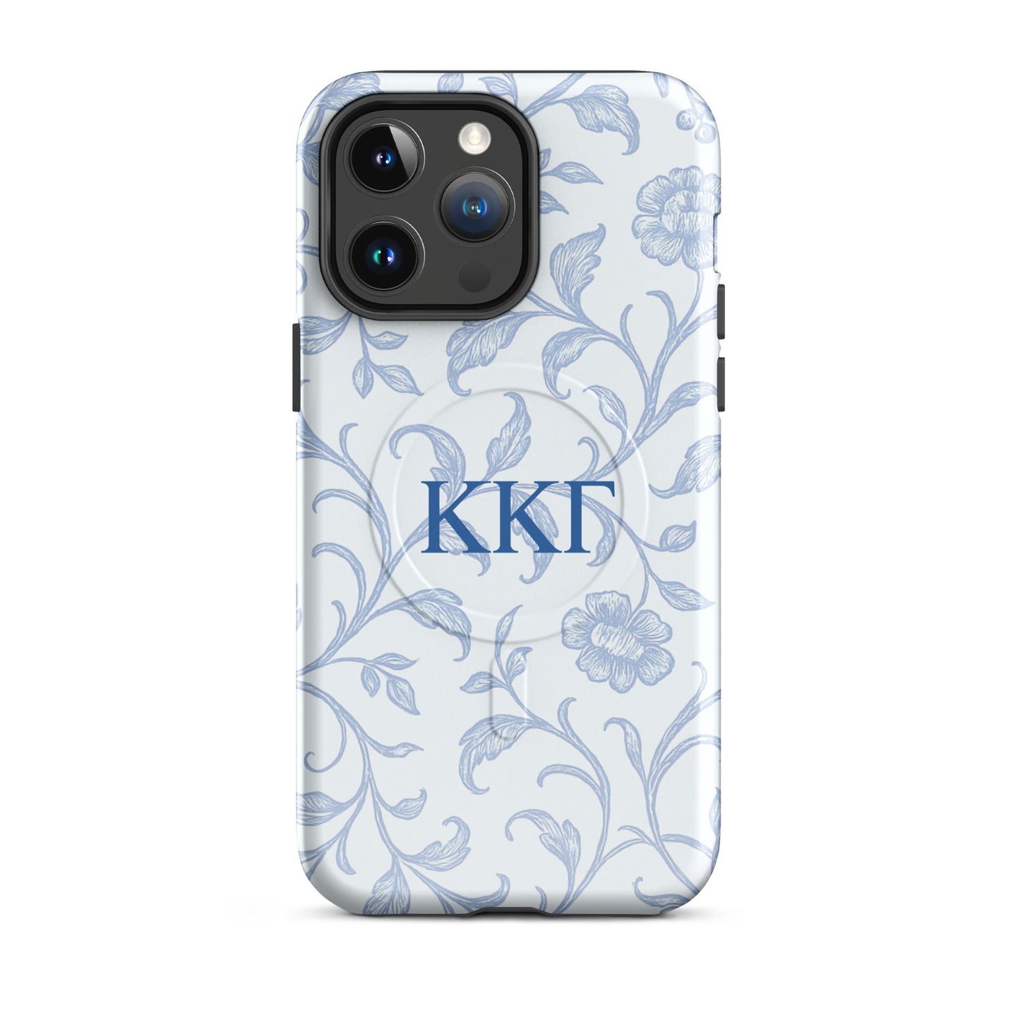 Kappa Kappa Gamma floral toile iPhone 14 Pro Max case with blue botanical pattern and ΚΚΓ Greek letters, slim protective aesthetic phone cover