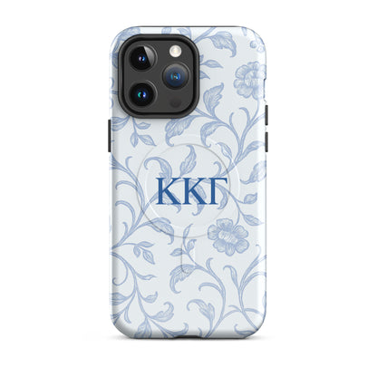 Kappa Kappa Gamma floral toile iPhone 14 Pro Max case with blue botanical pattern and ΚΚΓ Greek letters, slim protective aesthetic phone cover