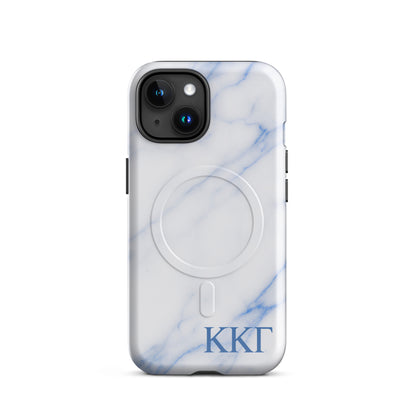 Kappa Kappa Gamma ΚΚΓ iPhone 15 case with white marble texture and blue veining, lightweight dual-layer protection, modern minimalist cover