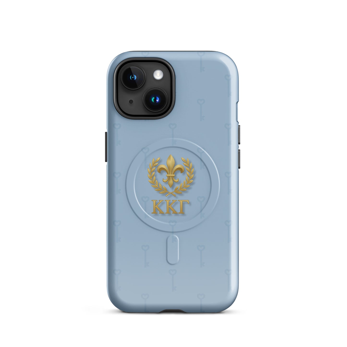 Kappa Kappa Gamma ΚΚΓ iPhone 15case with gold fleur de lis emblem and repeating key pattern, lightweight dual-layer protective phone cover