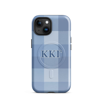 Kappa Kappa Gamma blue plaid iPhone 15 case – preppy check design with Greek letters, durable slim protective sorority phone case