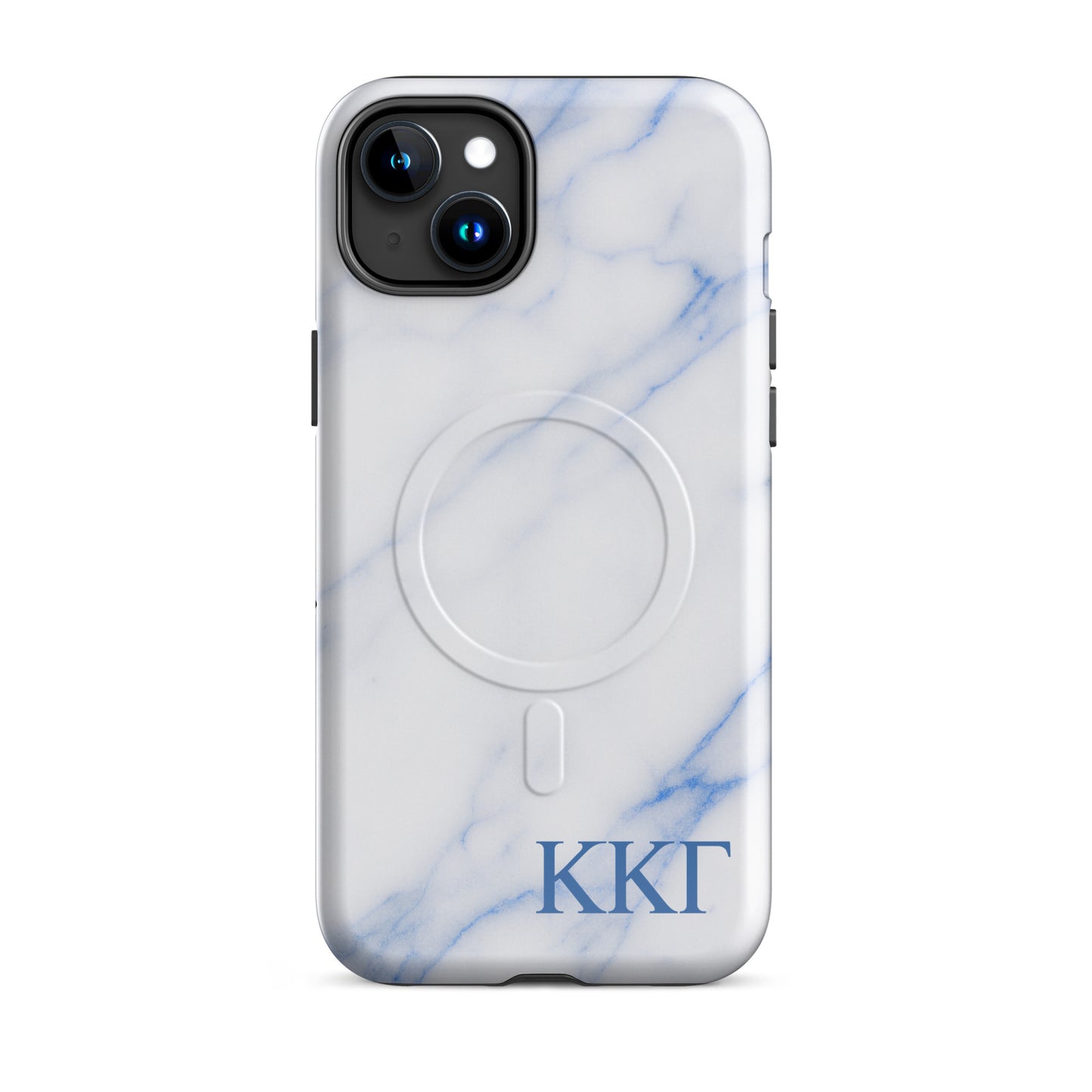 Kappa Kappa Gamma white marble iPhone 15 Plus case – minimalist blue vein design with Greek letters, durable slim protective phone case