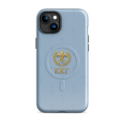 Kappa Kappa Gamma ΚΚΓ iPhone 15 Plus case with gold fleur de lis emblem and repeating key pattern, lightweight dual-layer protective phone cover