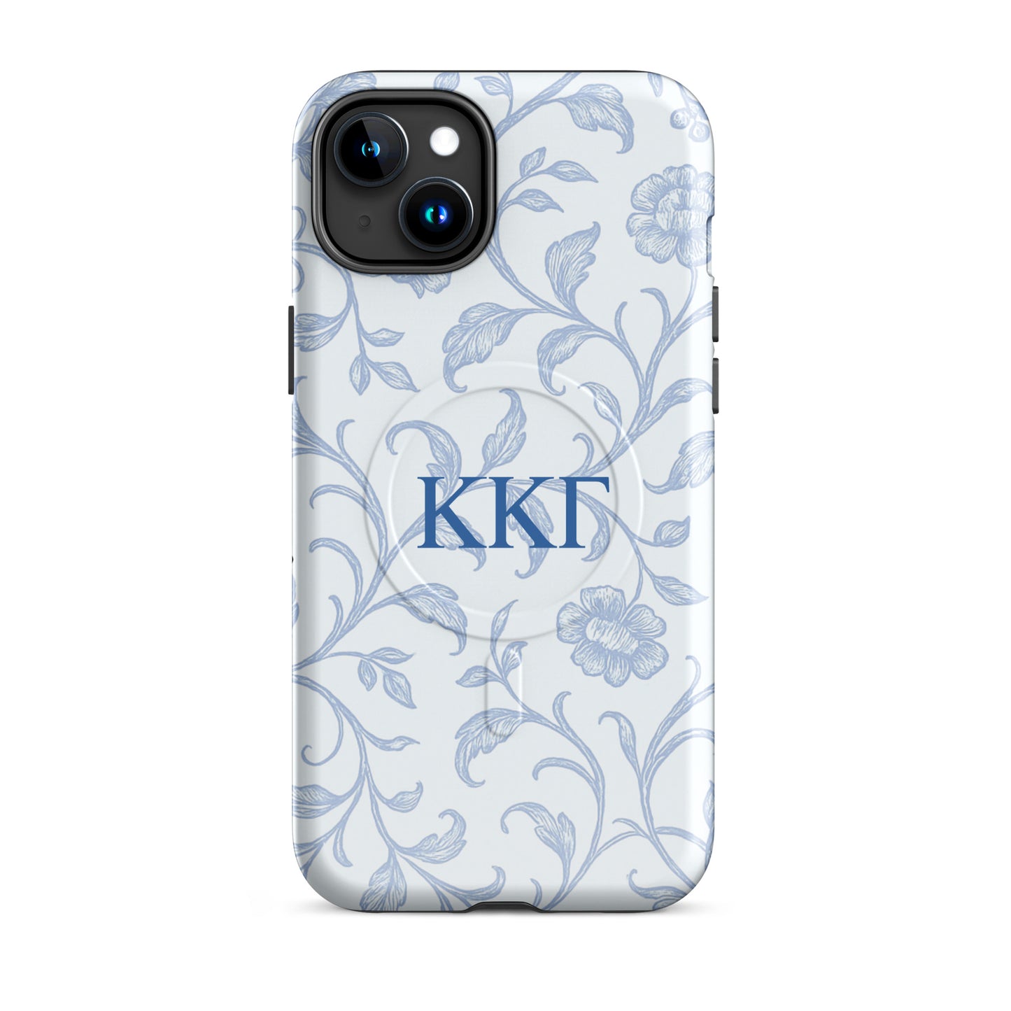 Kappa Kappa Gamma ΚΚΓ iPhone 15 Plus case with soft blue floral line art design, lightweight dual-layer protection, feminine aesthetic cover