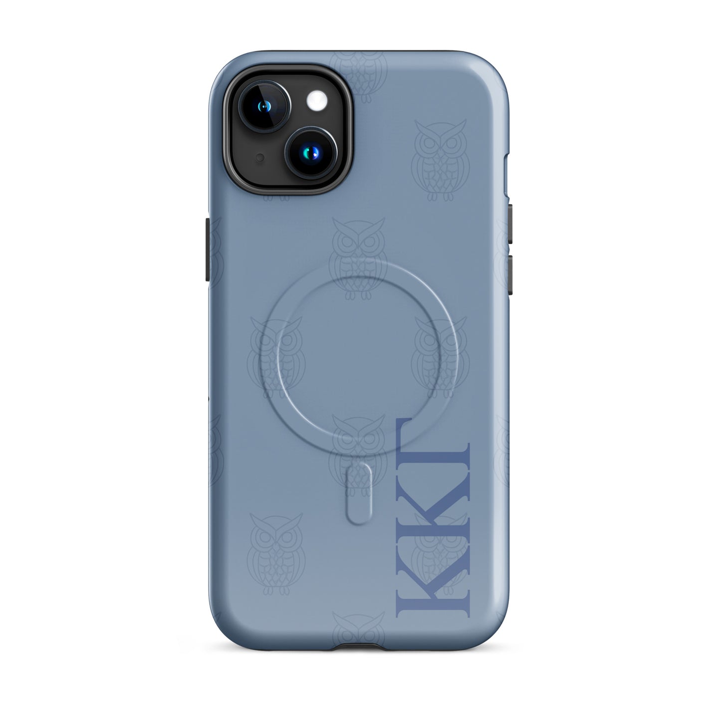 Kappa Kappa Gamma ΚΚΓ iPhone 15 Plus case with repeating owl motif, lightweight dual-layer protection, subtle minimalist sorority design