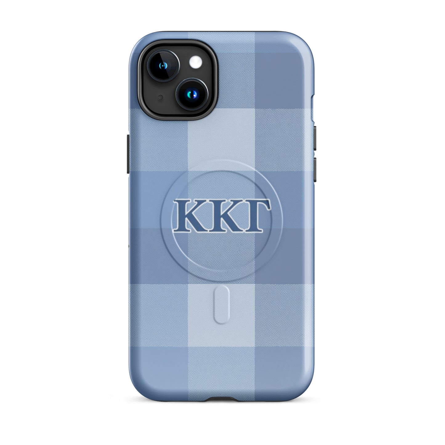 Kappa Kappa Gamma ΚΚΓ iPhone 15 Plus case with blue plaid pattern, lightweight dual-layer protection, classic preppy aesthetic cover