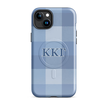 Kappa Kappa Gamma ΚΚΓ iPhone 15 Plus case with blue plaid pattern, lightweight dual-layer protection, classic preppy aesthetic cover