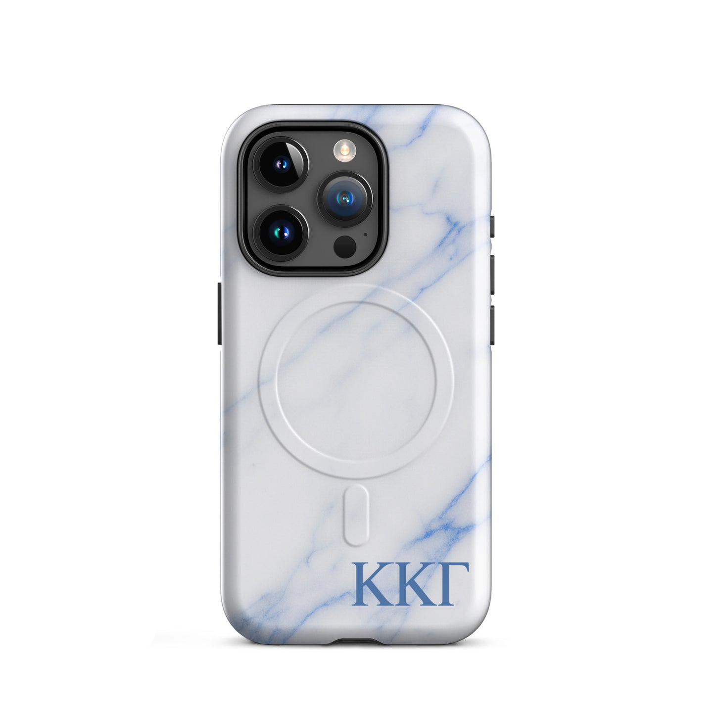 Kappa Kappa Gamma ΚΚΓ iPhone 15 Pro case with white marble texture and blue veining, lightweight dual-layer protection, modern minimalist cover