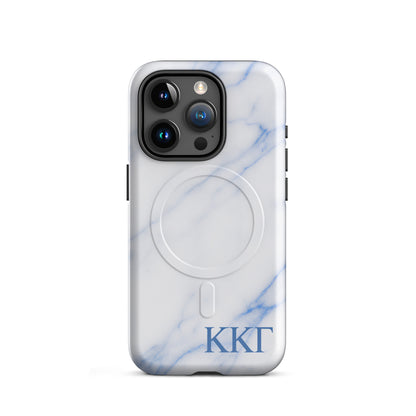 Kappa Kappa Gamma ΚΚΓ iPhone 15 Pro case with white marble texture and blue veining, lightweight dual-layer protection, modern minimalist cover