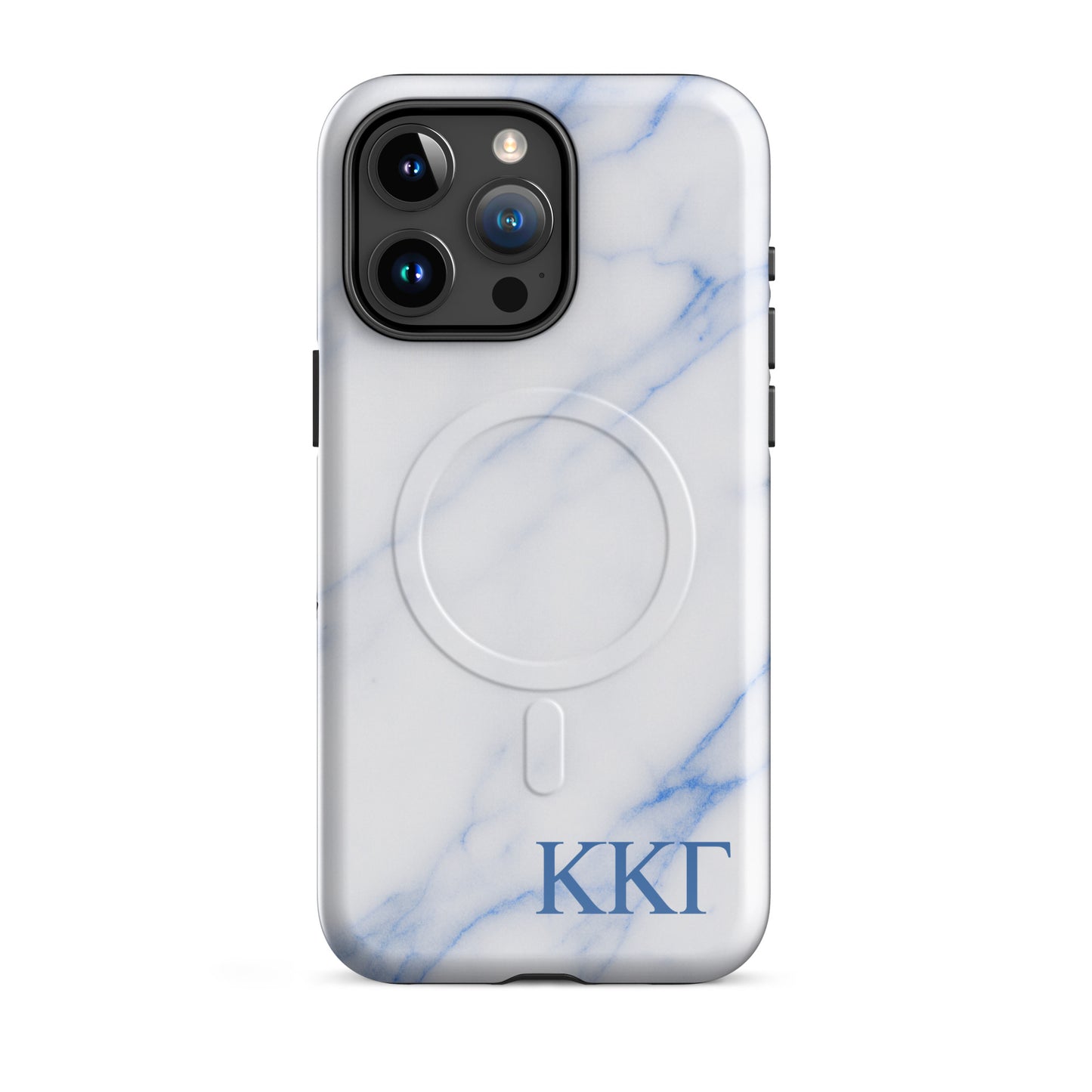 Kappa Kappa Gamma white marble iPhone 15 Pro Max case – minimalist blue vein design with Greek letters, durable slim protective phone case