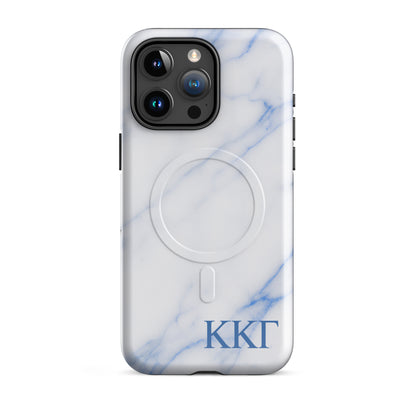 Kappa Kappa Gamma white marble iPhone 15 Pro Max case – minimalist blue vein design with Greek letters, durable slim protective phone case