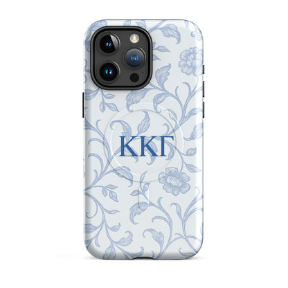 Kappa Kappa Gamma ΚΚΓ iPhone 15 Pro Max case with soft blue floral line art design, lightweight dual-layer protection, feminine aesthetic cover
