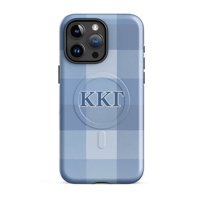 Kappa Kappa Gamma plaid iPhone  15 Pro Max
case with blue check pattern and ΚΚΓ Greek letters, slim protective aesthetic phone cover