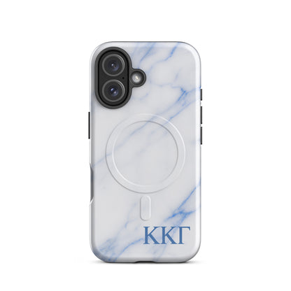 Kappa Kappa Gamma marble iPhone 16 case with white and blue stone pattern and ΚΚΓ Greek letters, slim protective aesthetic phone cover