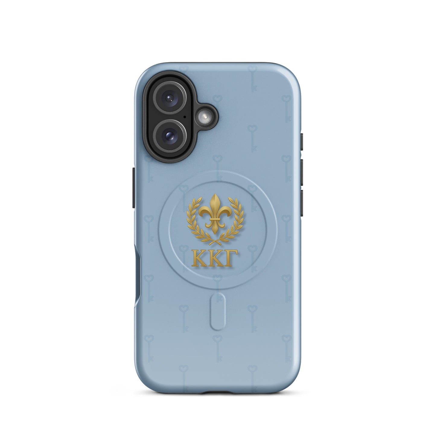 Kappa Kappa Gamma iPhone 16 case with gold fleur de lis crest and subtle key pattern on blue background, ΚΚΓ Greek letters, slim protective cover