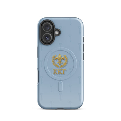 Kappa Kappa Gamma iPhone 16 case with gold fleur de lis crest and subtle key pattern on blue background, ΚΚΓ Greek letters, slim protective cover