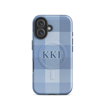 Kappa Kappa Gamma plaid iPhone 16 case with blue check pattern and ΚΚΓ Greek letters, slim protective aesthetic phone cover