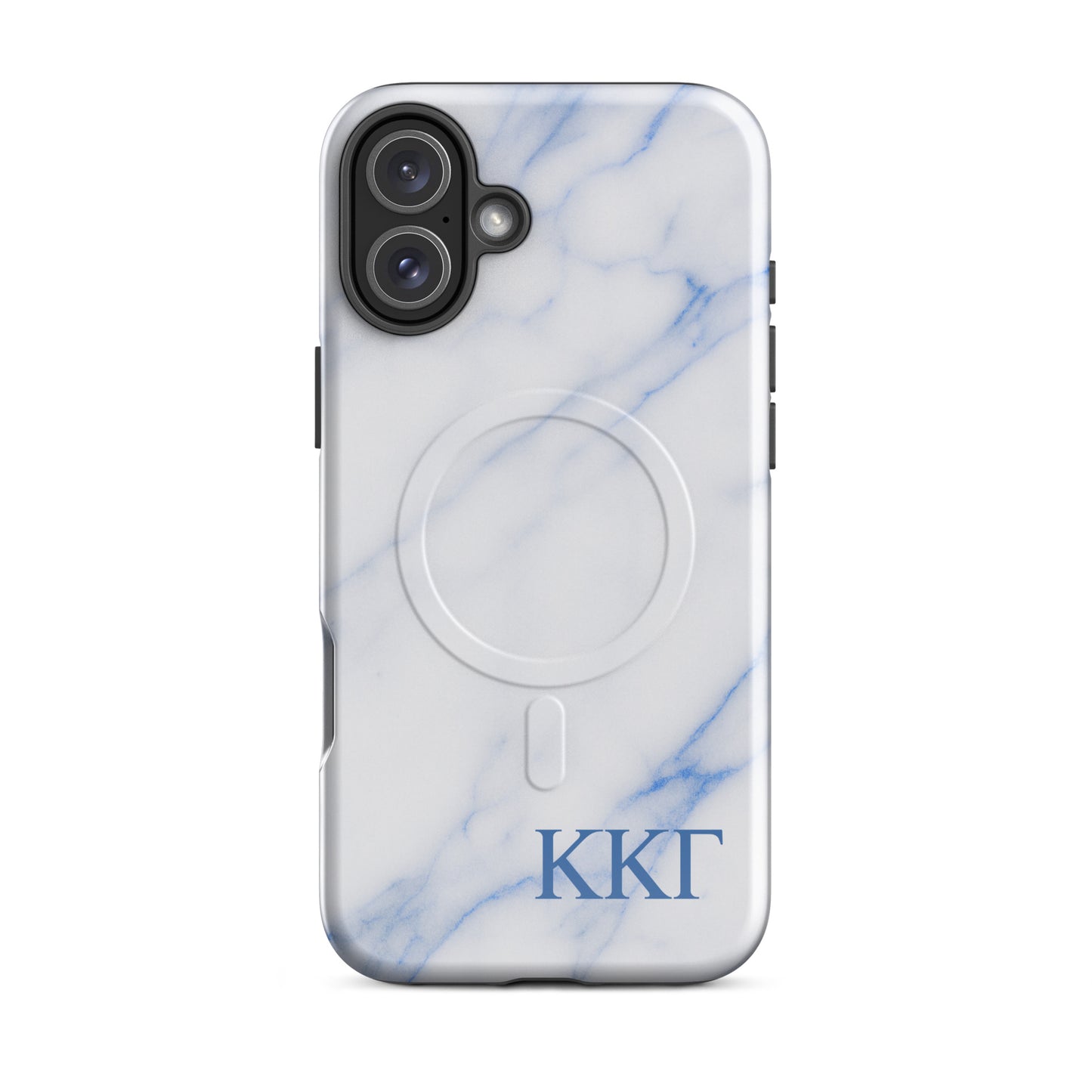 Kappa Kappa Gamma marble iPhone 16 Plus case with white and blue stone pattern and ΚΚΓ Greek letters, slim protective aesthetic phone cover