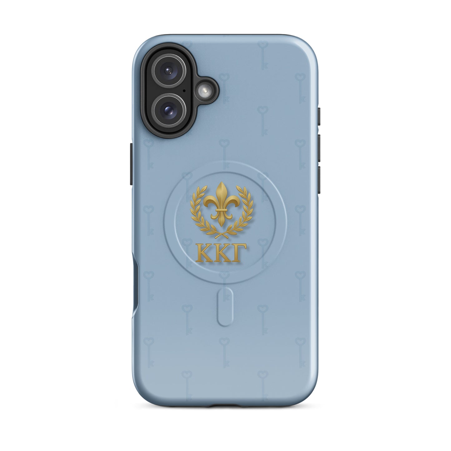 Kappa Kappa Gamma blue iPhone 16 Plus case – gold fleur de lis design with key motif and Greek letters, durable slim protective sorority case