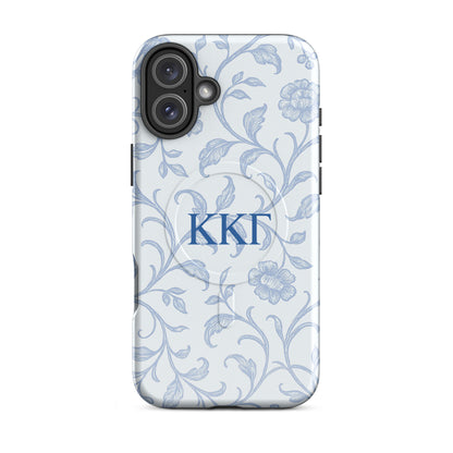 Kappa Kappa Gamma floral toile iPhone 16 Plus case with blue botanical pattern and ΚΚΓ Greek letters, slim protective aesthetic phone cover