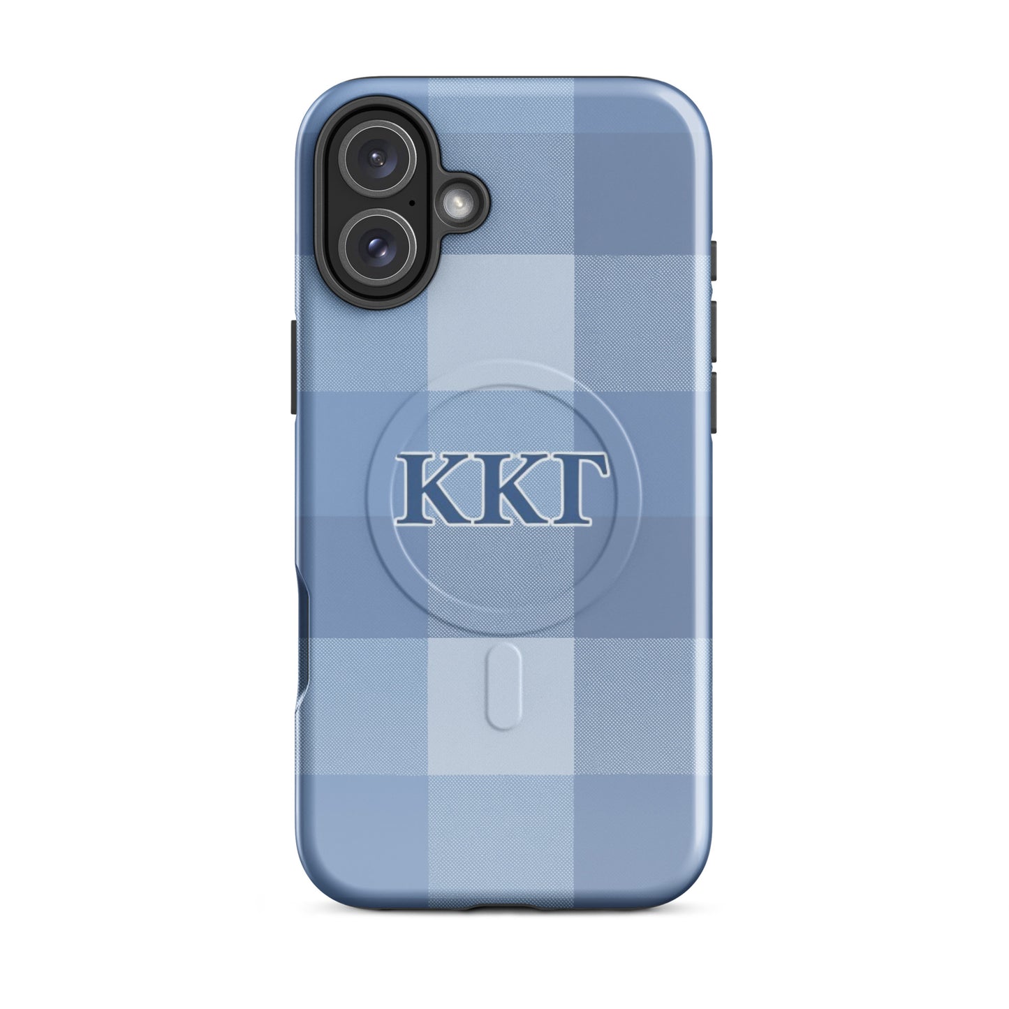 Kappa Kappa Gamma plaid iPhone 16 Plus case with blue check pattern and ΚΚΓ Greek letters, slim protective aesthetic phone cover