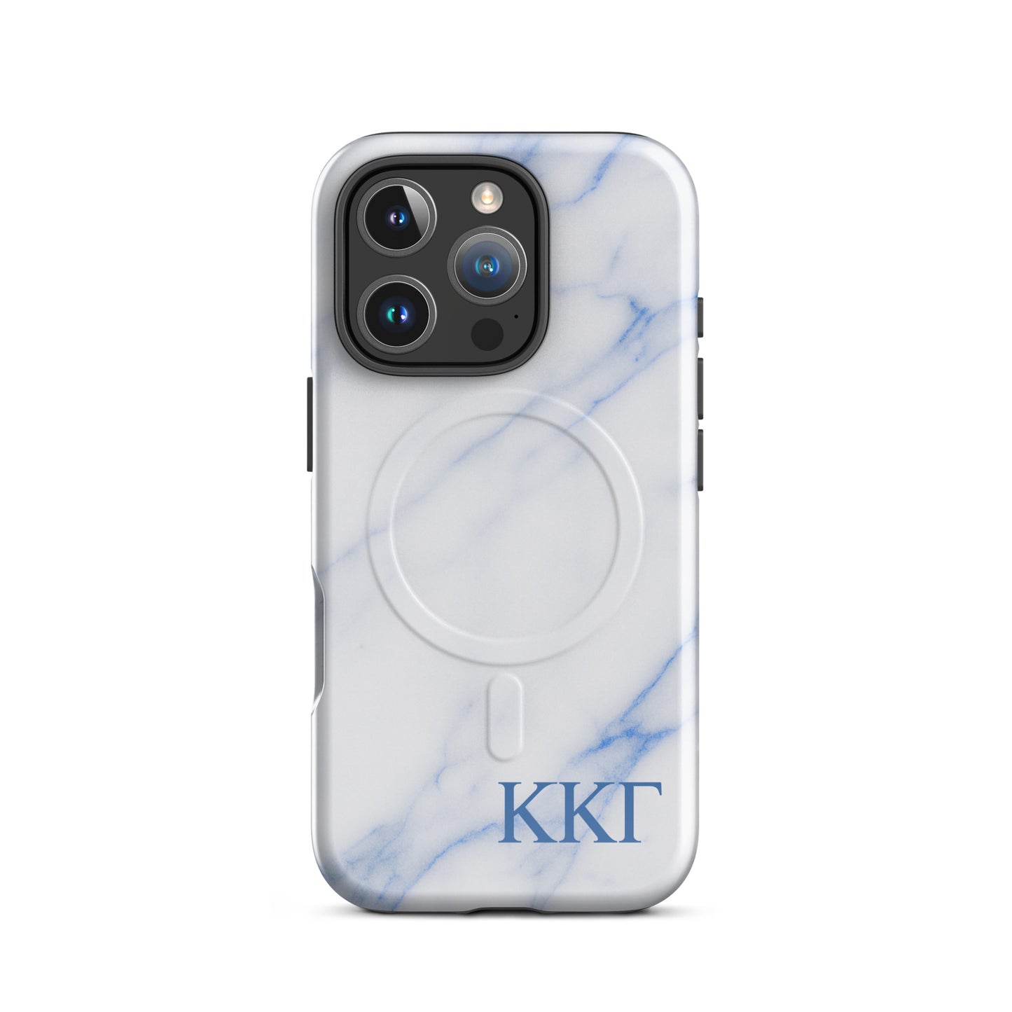 Kappa Kappa Gamma white marble iPhone 16 Pro case – minimalist blue vein design with Greek letters, durable slim protective phone case